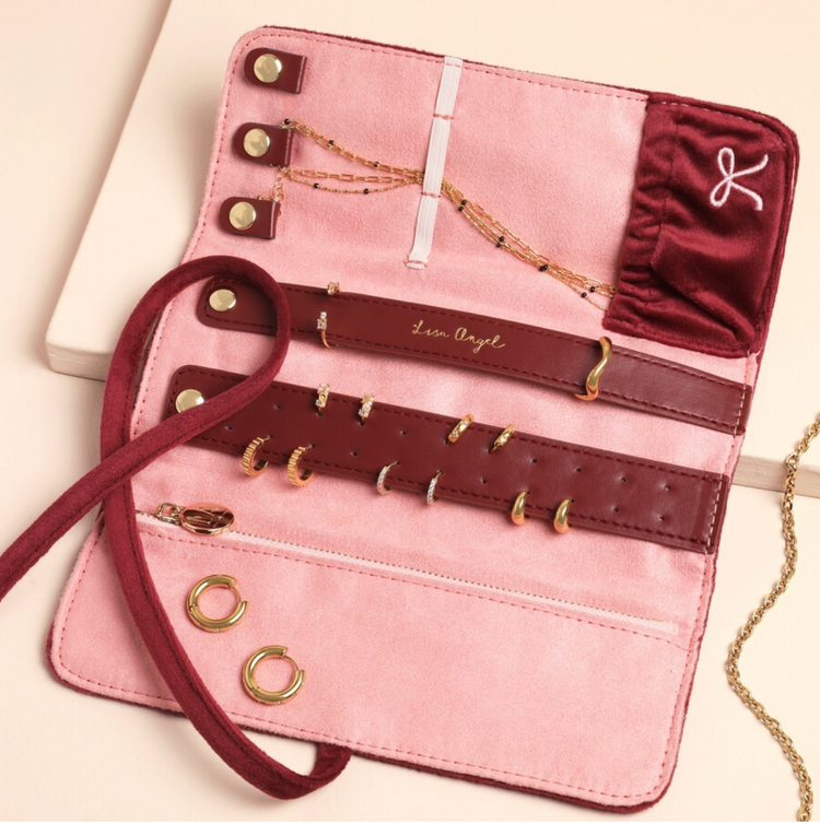 BURGUNDY BOW EMBROIDERED VELVET JEWELLERY ROLL