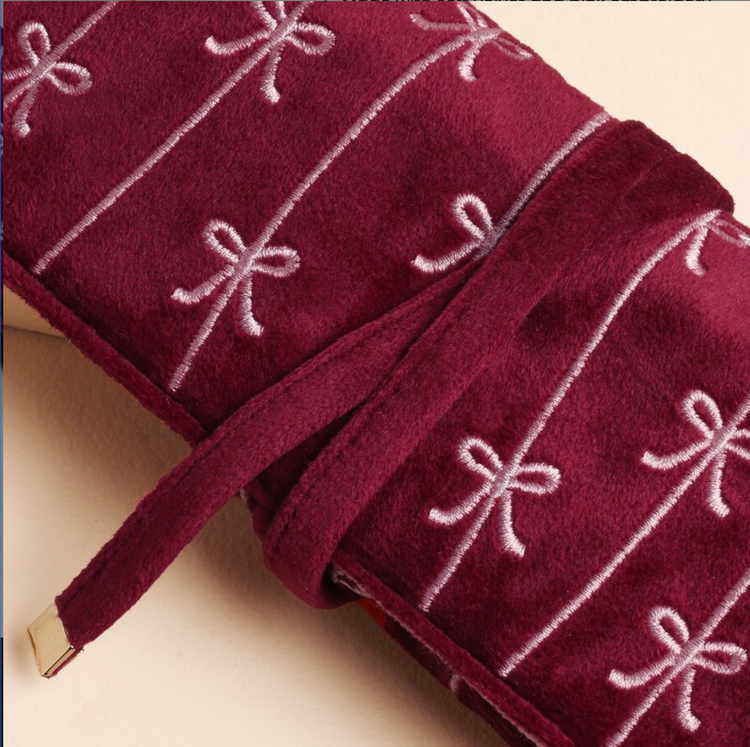 BURGUNDY BOW EMBROIDERED VELVET JEWELLERY ROLL