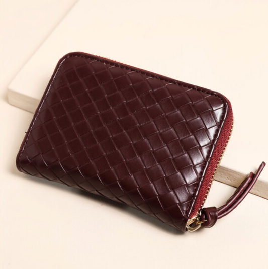 Vegan Leather Woven Zip Around Purse in Burgundy