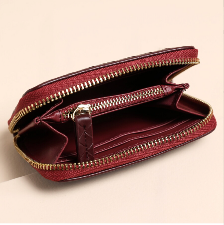 Vegan Leather Woven Zip Around Purse in Burgundy
