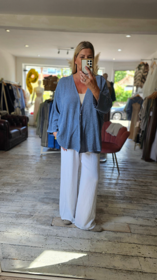 ISLA V NECK LINEN BLEND TOP IN DENIM BLUE