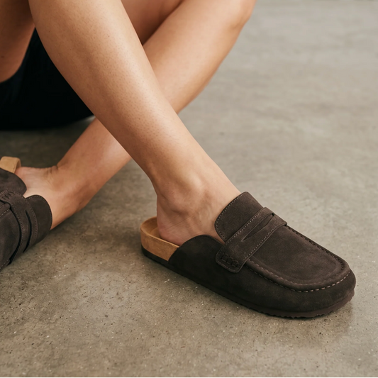 HARLEY SUEDE LEATHER FLAT LOAFER MULE CLOGS IN CHOCOLATE
