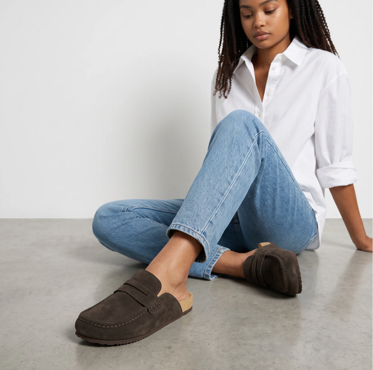 HARLEY SUEDE LEATHER FLAT LOAFER MULE CLOGS IN CHOCOLATE
