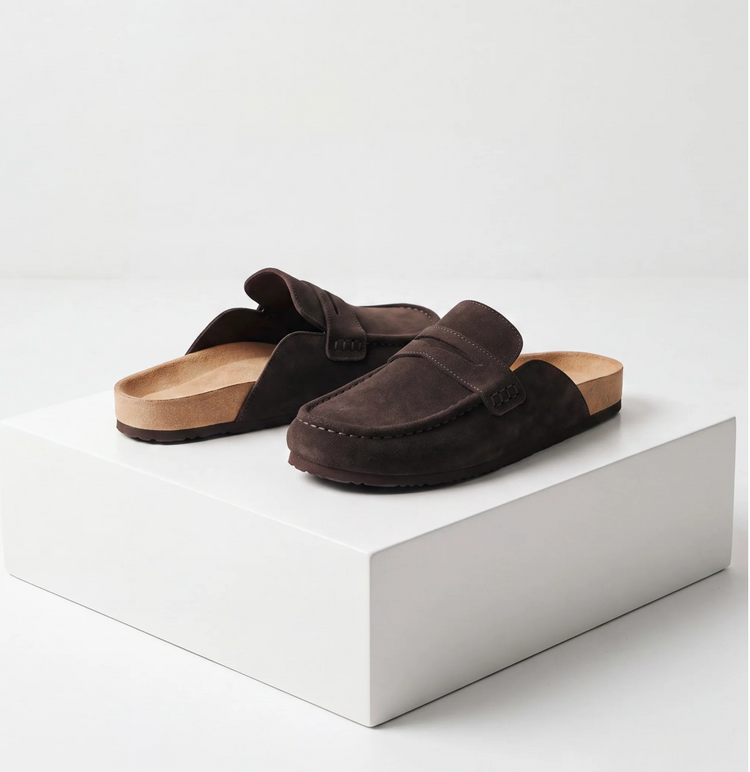 HARLEY SUEDE LEATHER FLAT LOAFER MULE CLOGS IN CHOCOLATE
