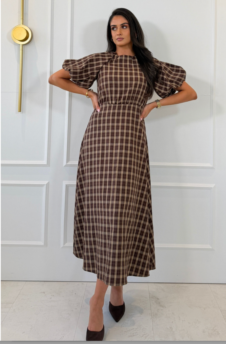 Thea Check Puff Sleeve Maxi Dress Brown