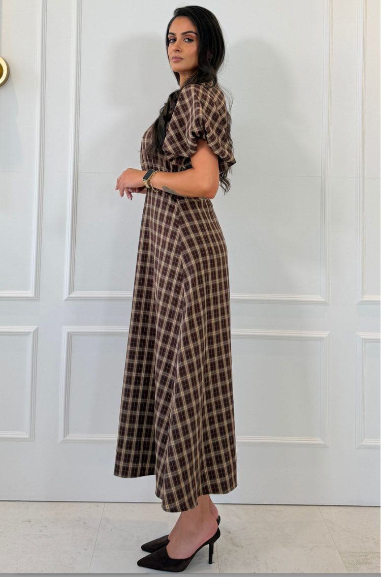 Thea Check Puff Sleeve Maxi Dress Brown