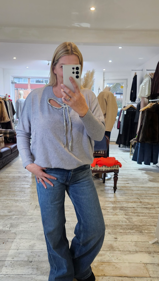 Faith Diamanté bow detail knit jumper in Grey