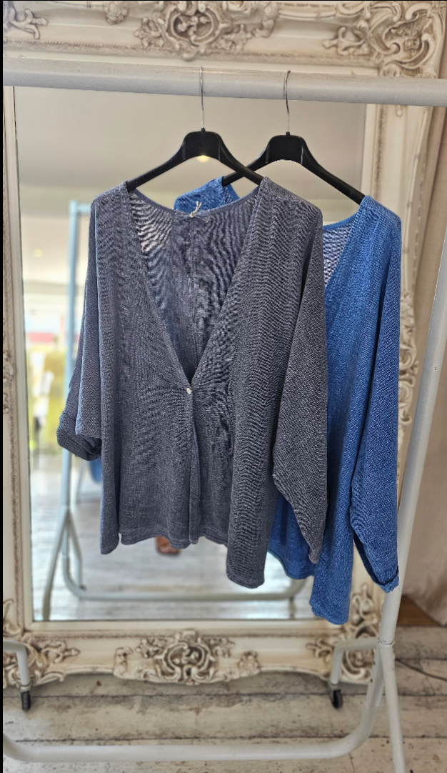 ISLA V NECK LINEN BLEND TOP IN DENIM BLUE