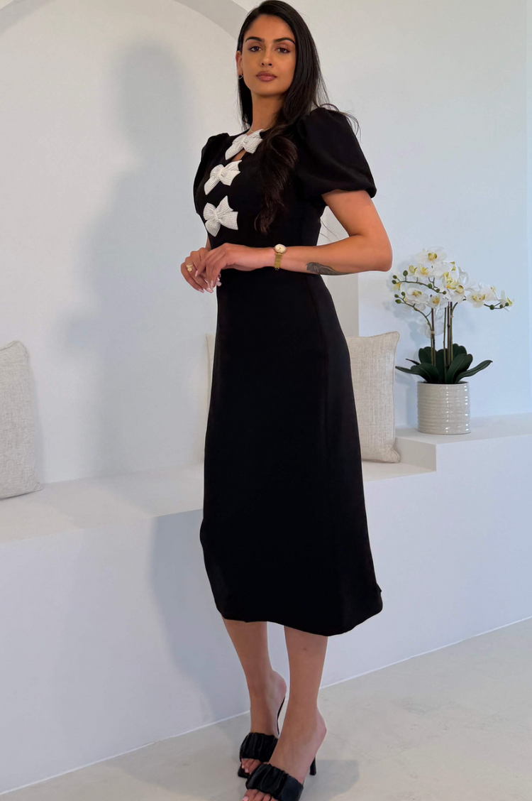 Emma Cut Out Bow Midi Dress in Black