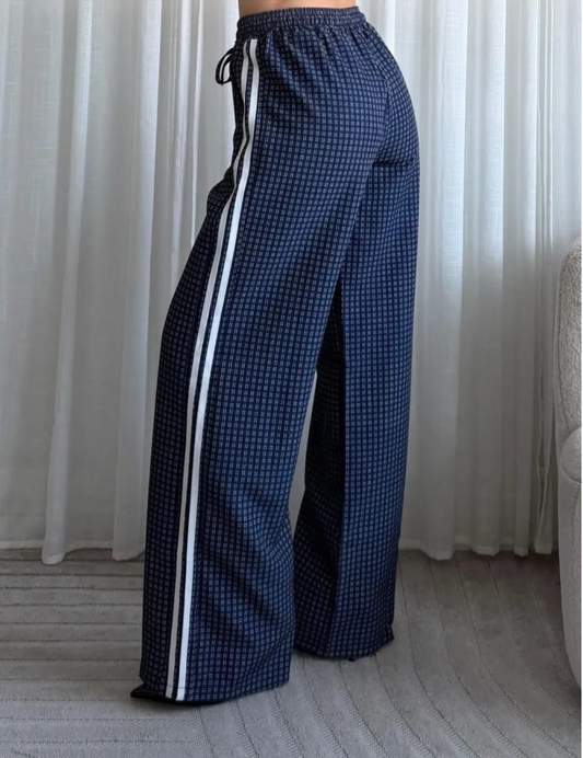 Trinny checked square stripe detail trousers in navy
