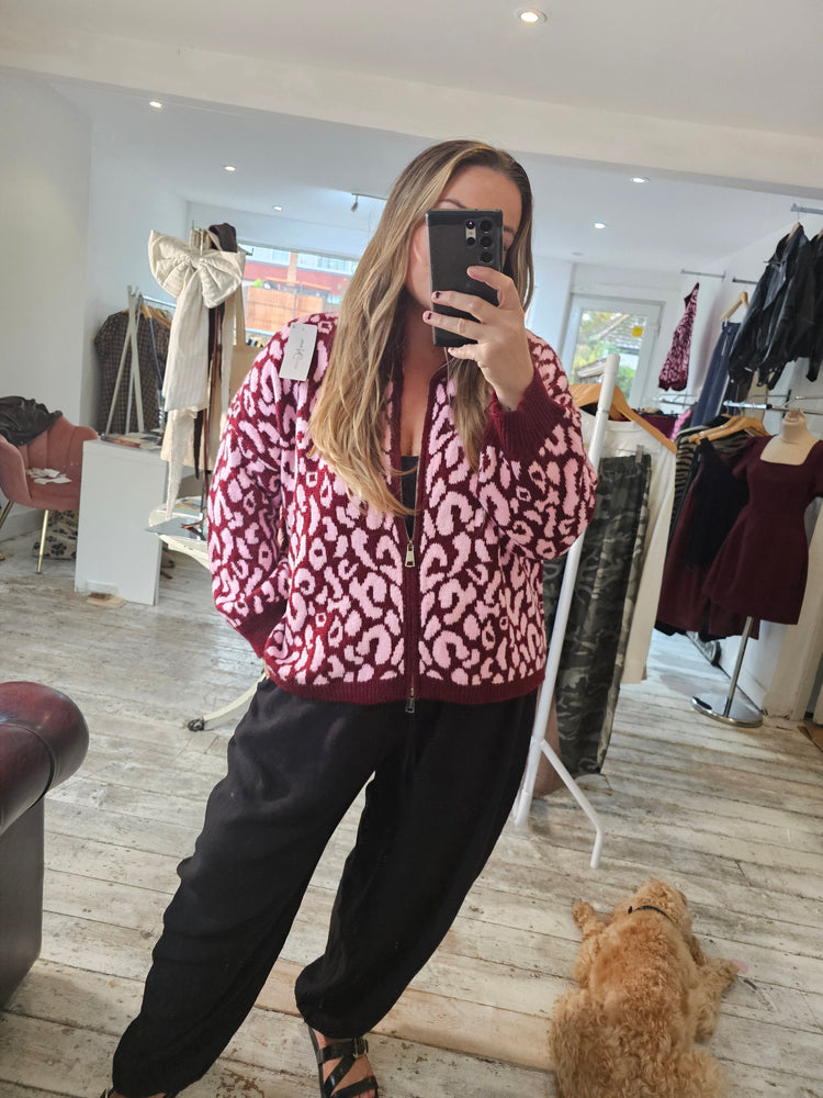 Presley leopard print zip up knit in merlot & pink