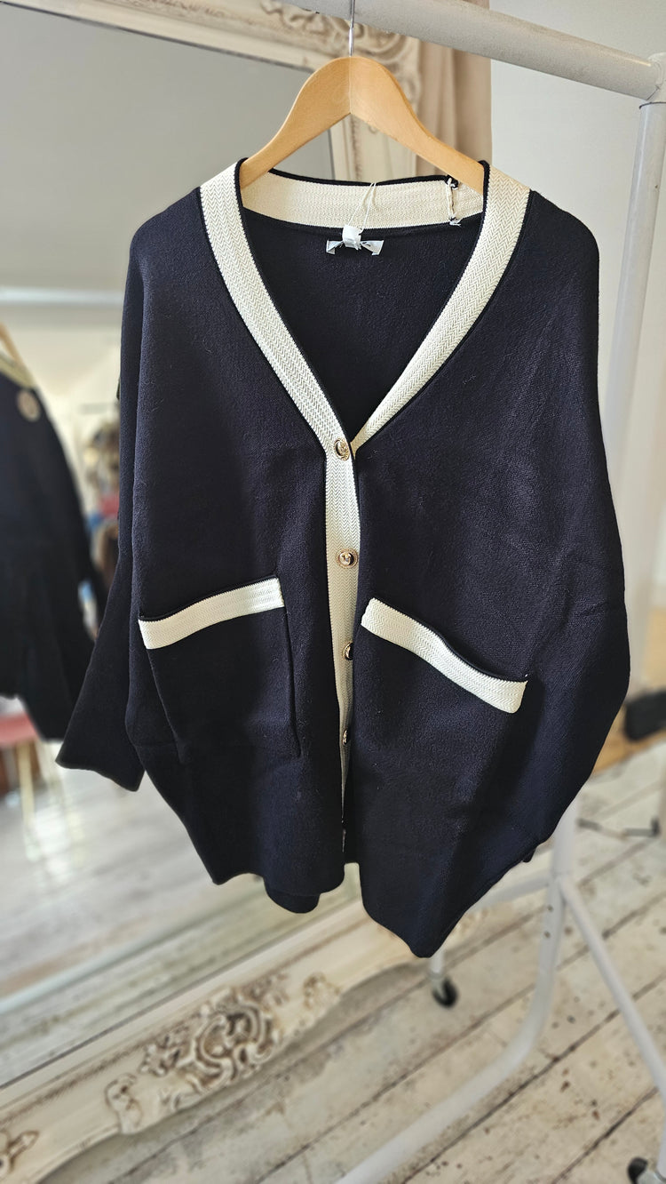 GABRIELLE CONTRAST GOLD BUTTON CARDIGAN IN BLACK