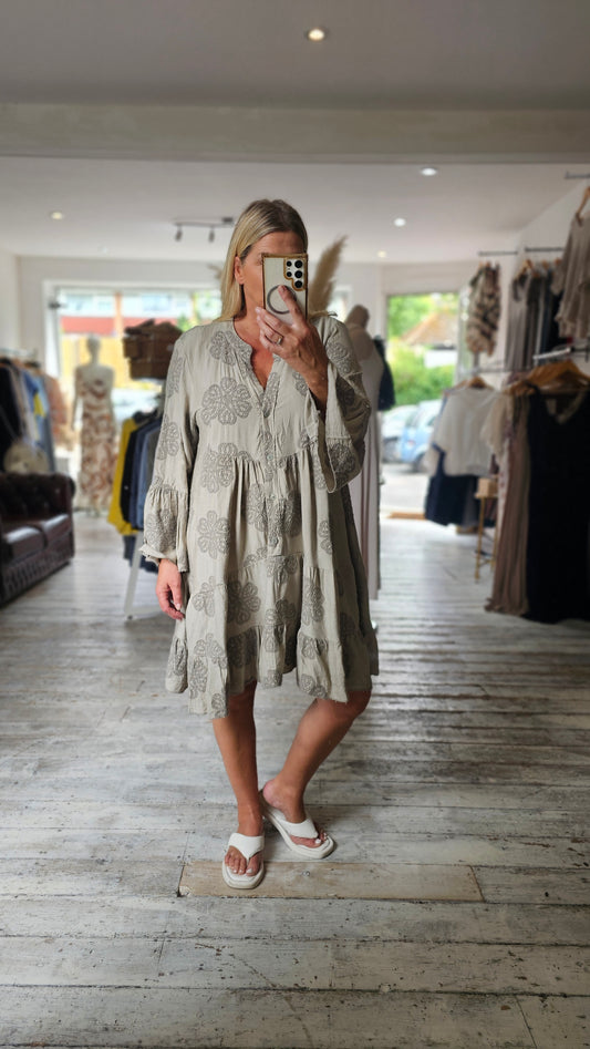 Mabel Floral Cotton Embroidered Smock dress in Mocha