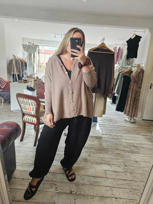 Marnie gold button oversized cardigan in mocha