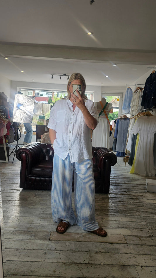 BRIDGET WIDE LEG STRIPE LINEN TROUSERS IN light blue