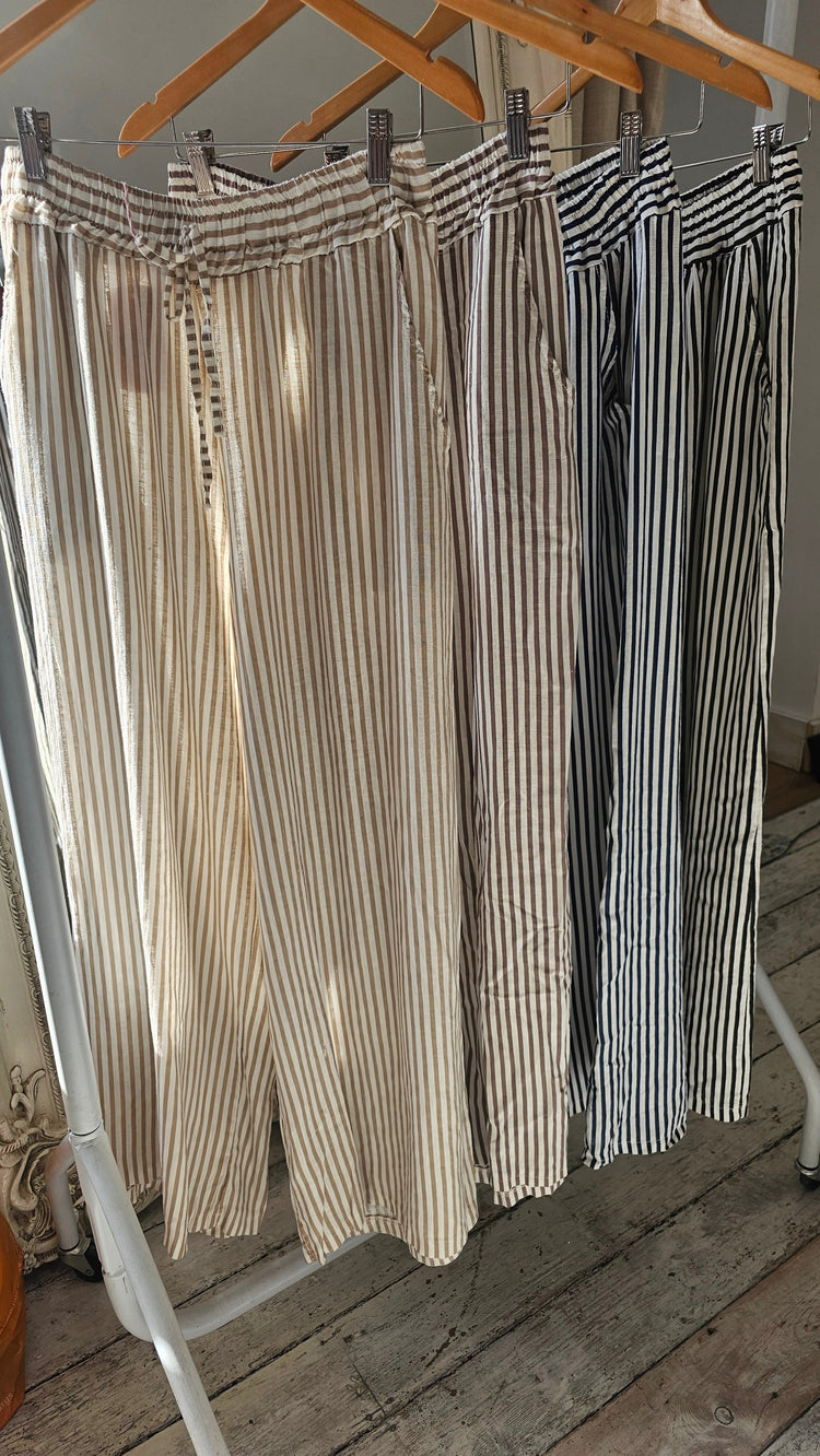 BRIDGET WIDE LEG STRIPE LINEN TROUSERS IN beige