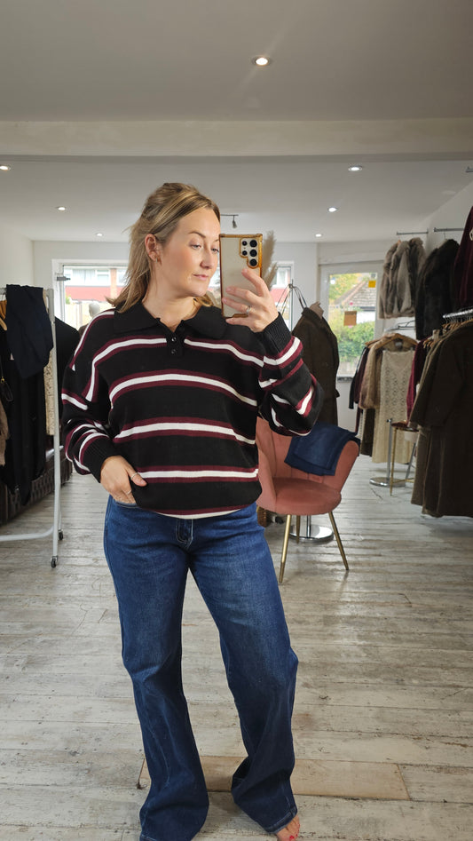 Tori knitted rugby stripe top in black