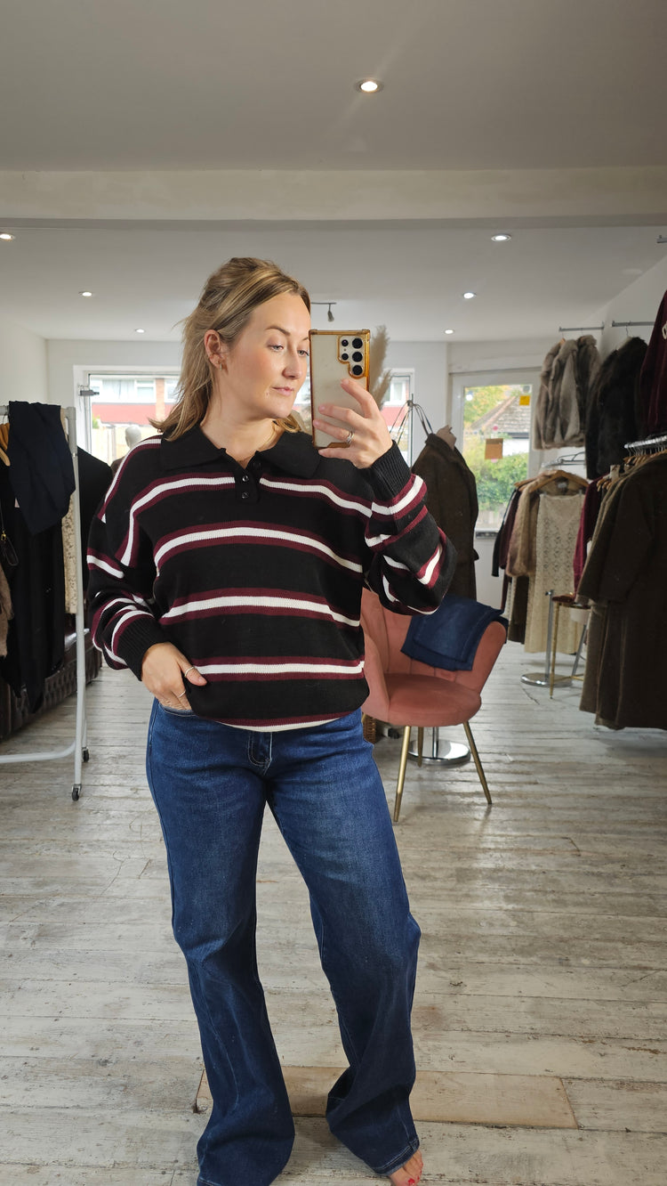 Tori knitted rugby stripe top in black