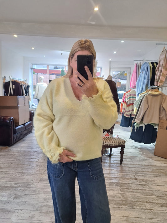 Halle heart sleeve frill detail soft knit in lemon