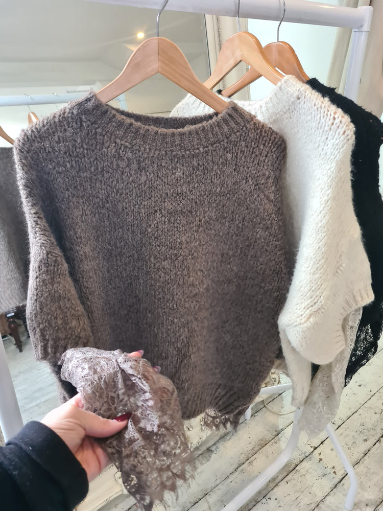 Rita Lace Sleeve knitted jumper in mocha