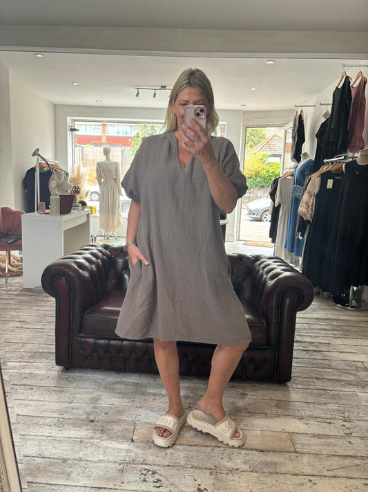Becky cheesecloth puff sleeve dress in mocha