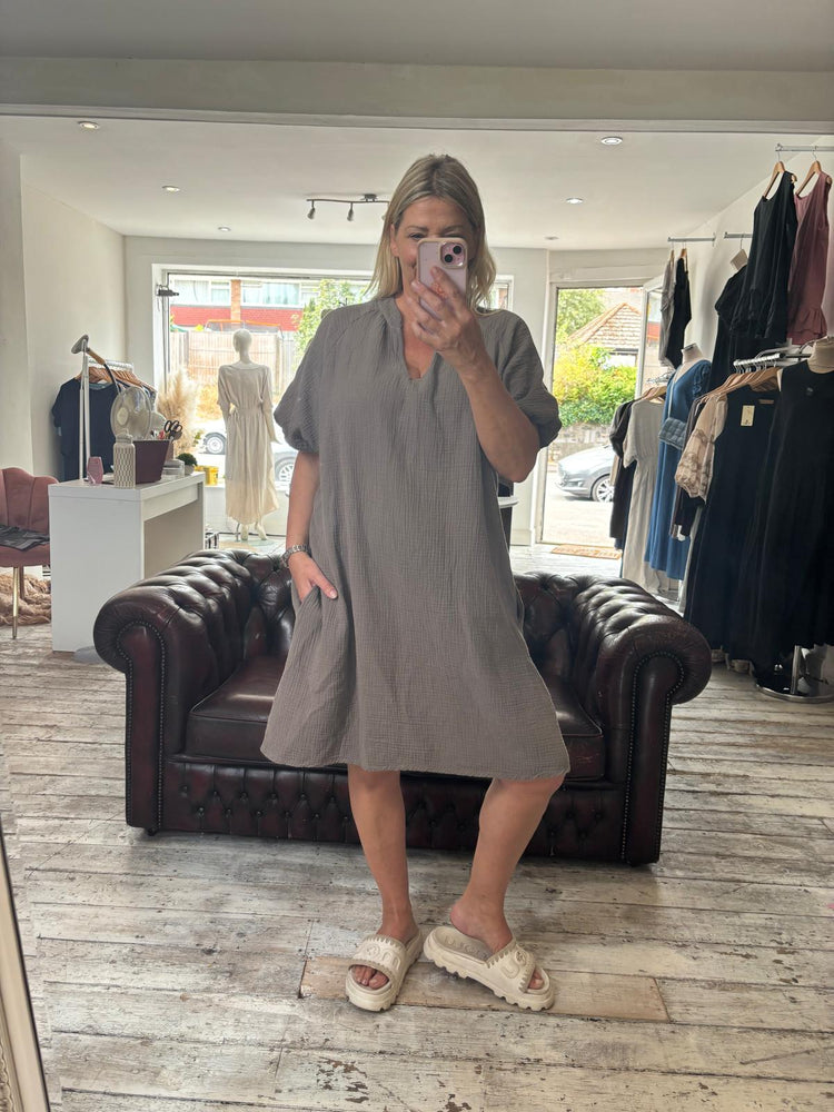 Becky cheesecloth puff sleeve dress in mocha