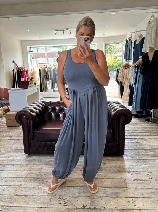 CASSIE SHAPED WAIST HAREM JUMPSUIT IN Petrol BLUE