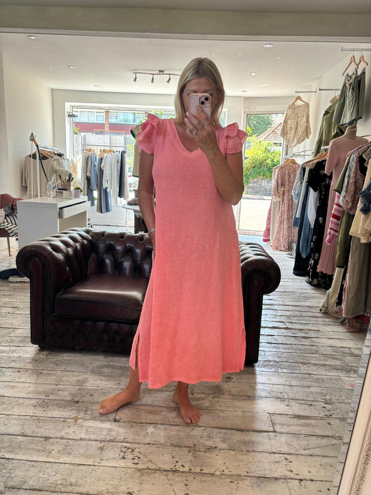Taylor linen blend frill sleeve midi dress in coral