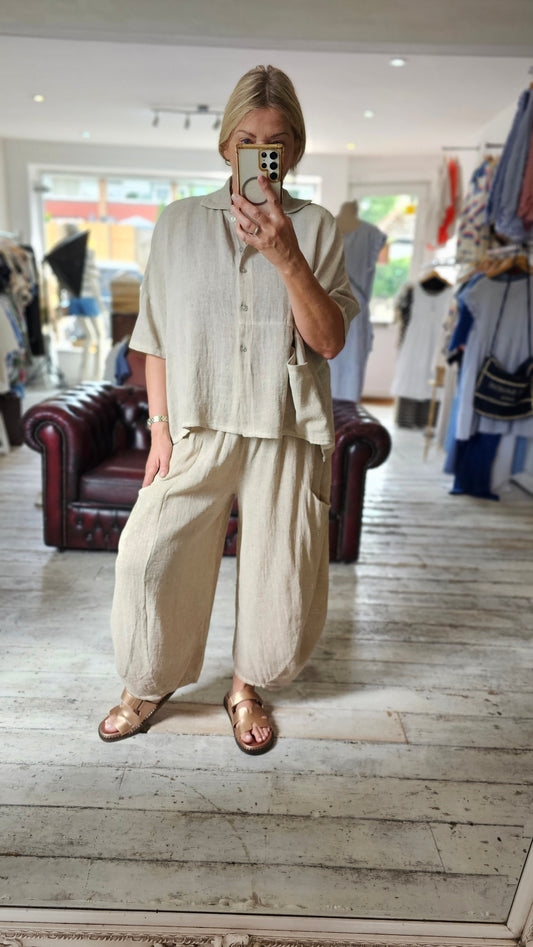HARPER LINEN BLEND BARREL TROUSER IN beige