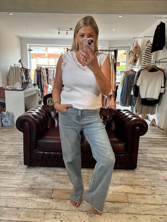 Lace Edged Cotton Ribbed Vest Top in white