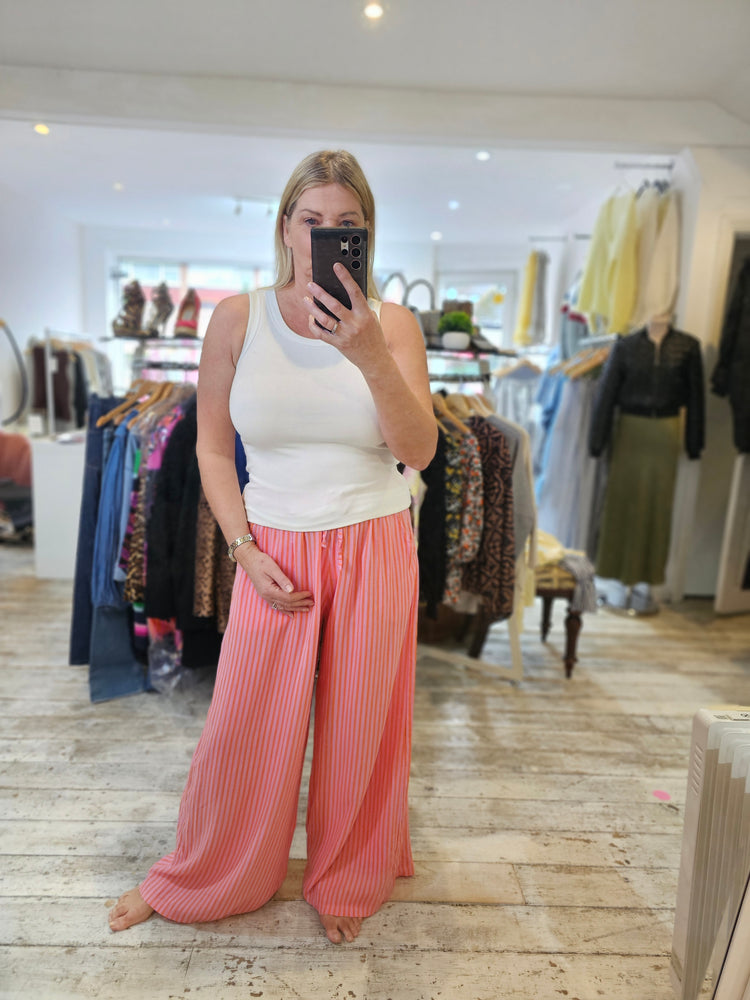 BRIDGET WIDE LEG STRIPE LINEN TROUSERS IN PINK/ORANGE