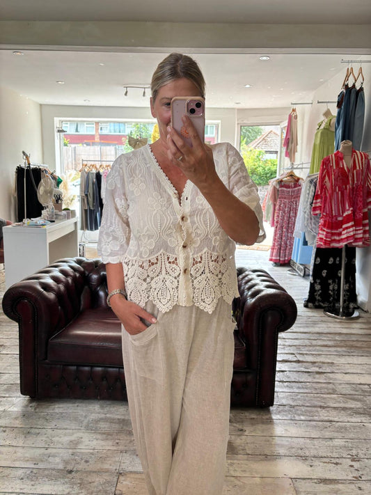 Crochet edge button up top in cream
