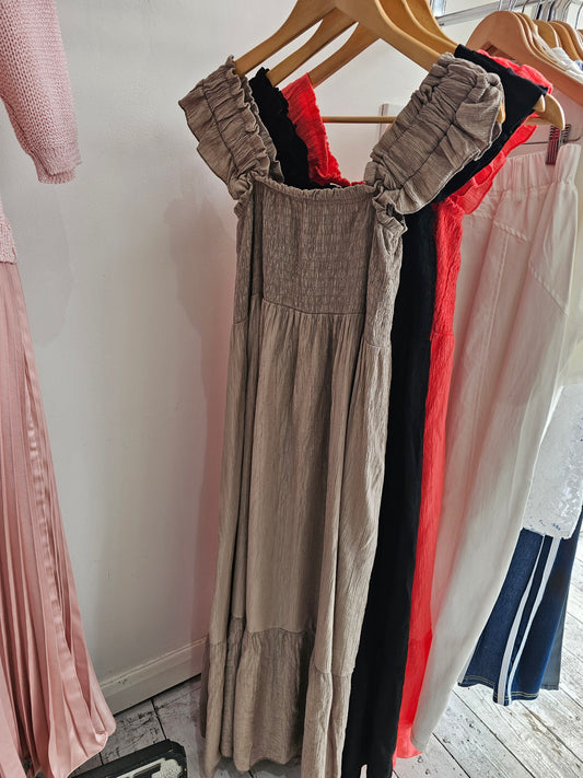 KYLE FRILL STRAP DRESS IN Mocha