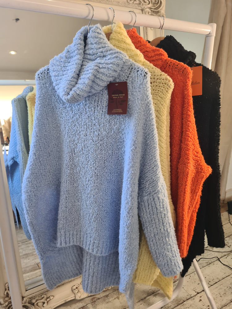 Frankie High Low Roll Neck Jumper in powder blue