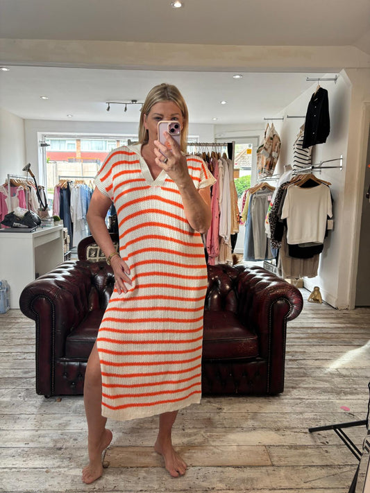 Cleo crochet collared dress in cream/orange