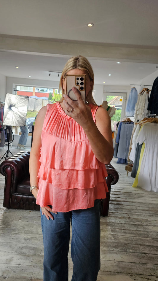 ADA FRILL SATIN BLEND TOP IN CORAL