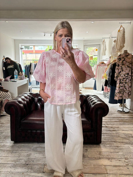 Marnie puff sleeve embroidery blouse in powder pink