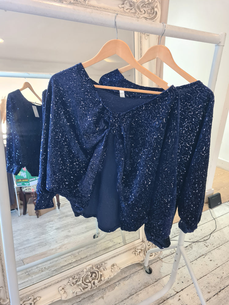 REVERSIBLE KNOT SEQUIN TOP IN NAVY