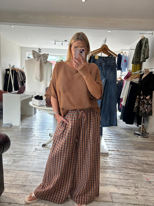 Carmen gingham wide leg trousers in sand