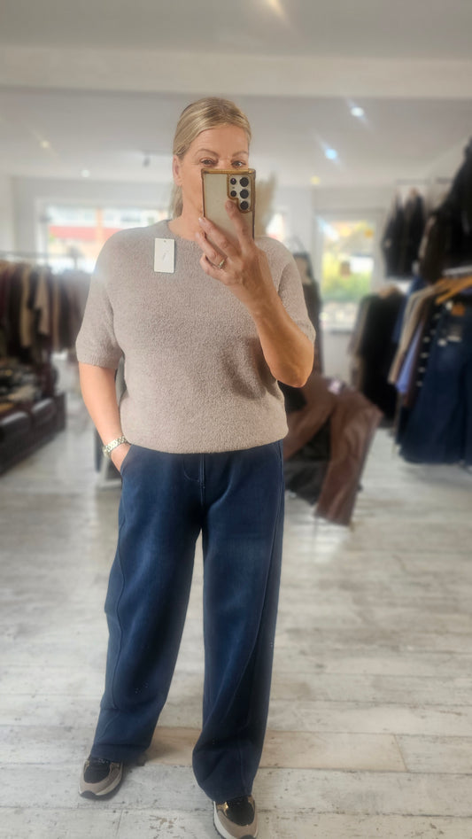 Betsy crew neck half sleeve soft knit jumper in mushroom - preorder