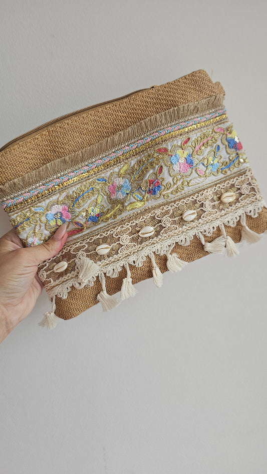Circular Embroidered Woven Clutch Bag in taupe