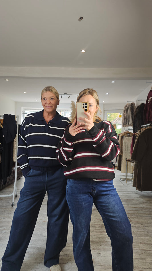 Tori knitted rugby stripe top in navy