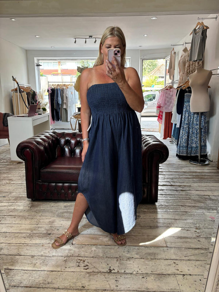 Faith shirred bardot Denim Jumpsuit