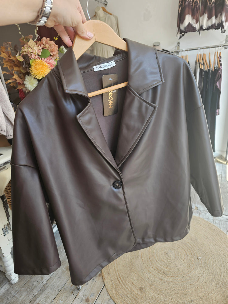 PIPER FAUX-LEATHER THREE-QUARTER SLEEVE JACKET IN CHOCOLATE
