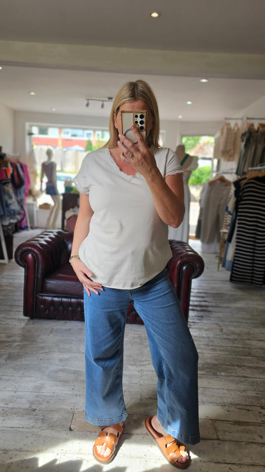 Raw edge cotton top in Beige