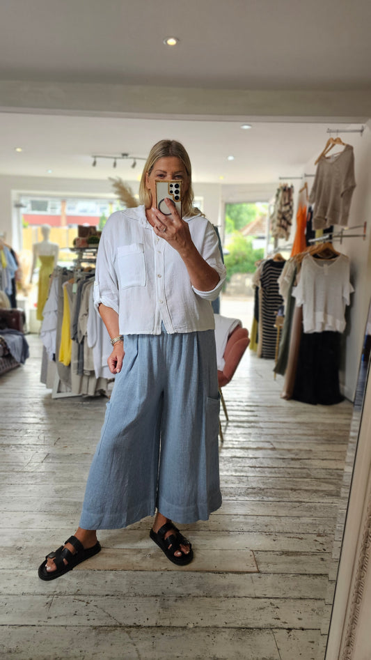Camila linen blend wide leg crop trousers in Light blue