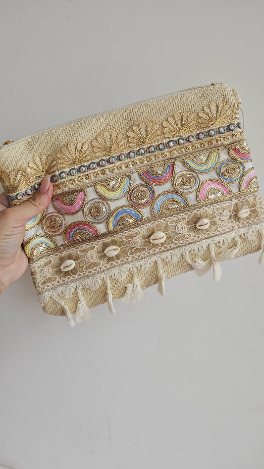 Circular Embroidered Woven Clutch Bag in beige