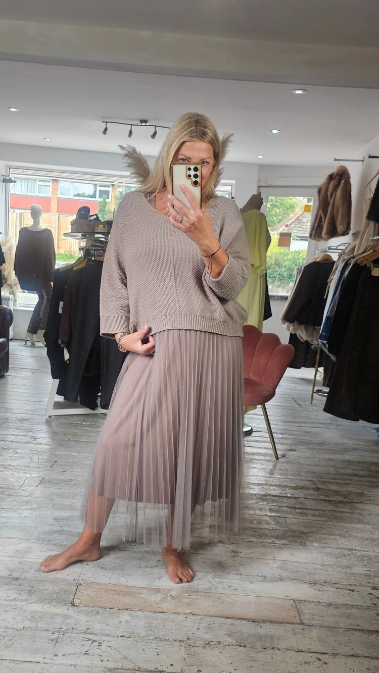 NAOMIE MESH DETAIL DRESS & LIGHT KNIT TWO PIECE IN MOCHA