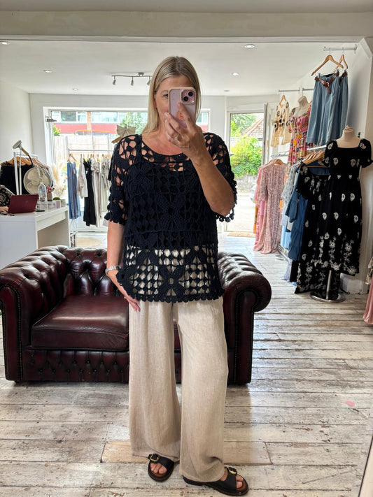 Hollie Crochet half sleeve top in black