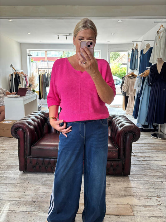 TABITHA V NECK CROCHET TOP IN Hot Pink